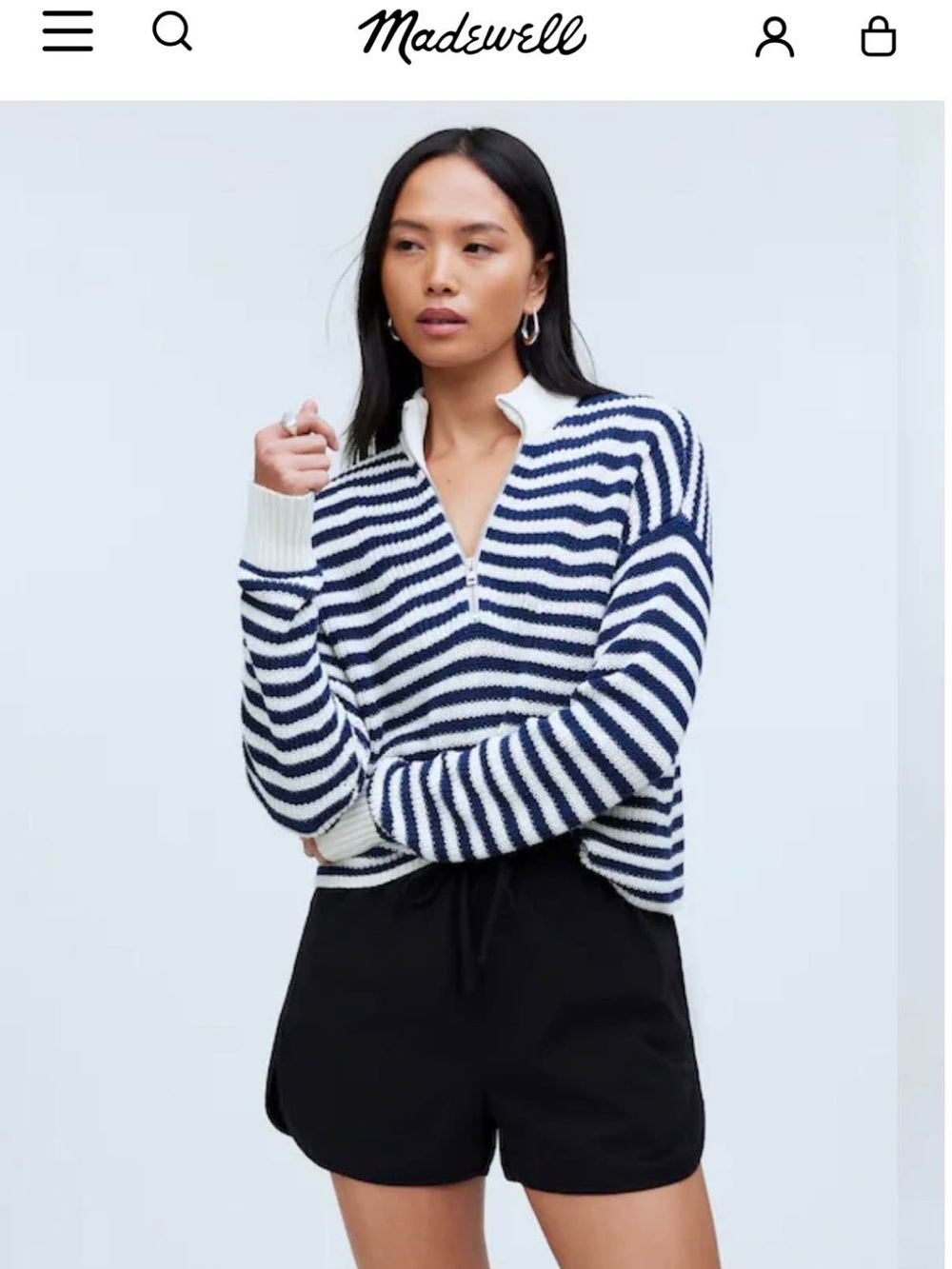 Madewell Navy and Cream Striped Half-Zip Turtleneck Sweater